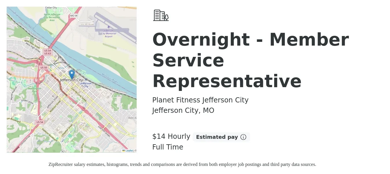 Planet Fitness Jefferson City job posting for a Overnight - Member Service Representative in Jefferson City, MO with a salary of $15 Hourly with a map of Jefferson City location.