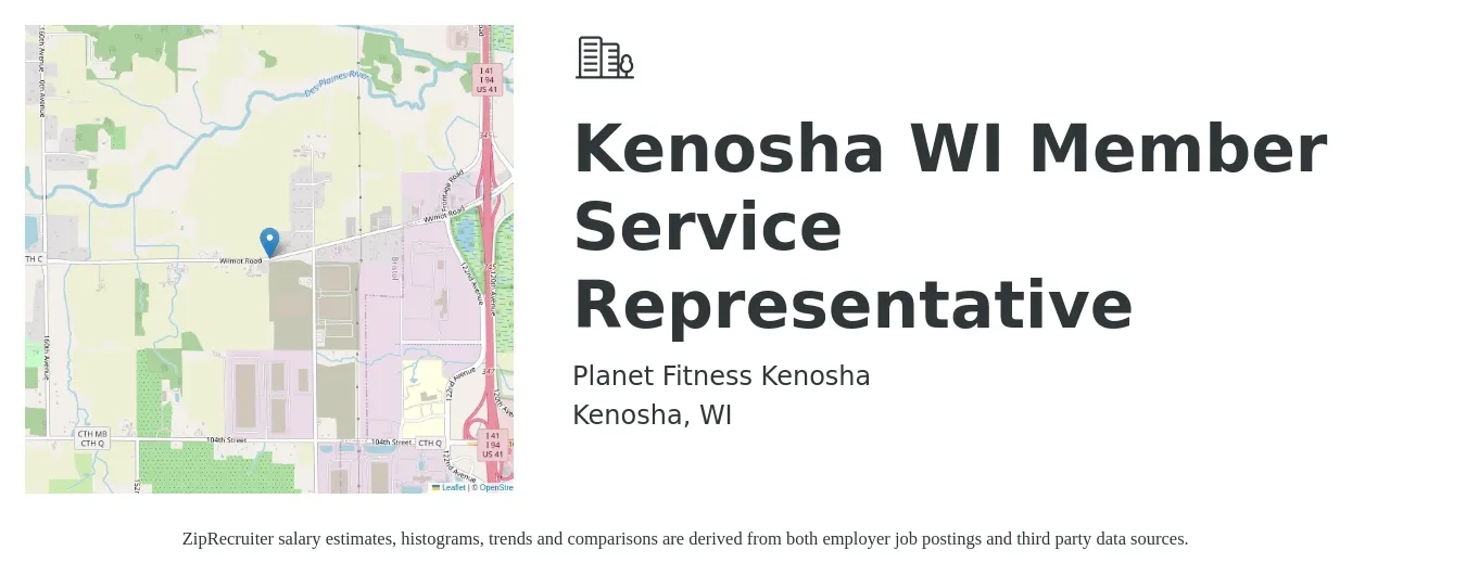 Planet Fitness Kenosha job posting for a Kenosha, WI - Member Service Representative in Kenosha, WI with a salary of $14 Hourly with a map of Kenosha location.