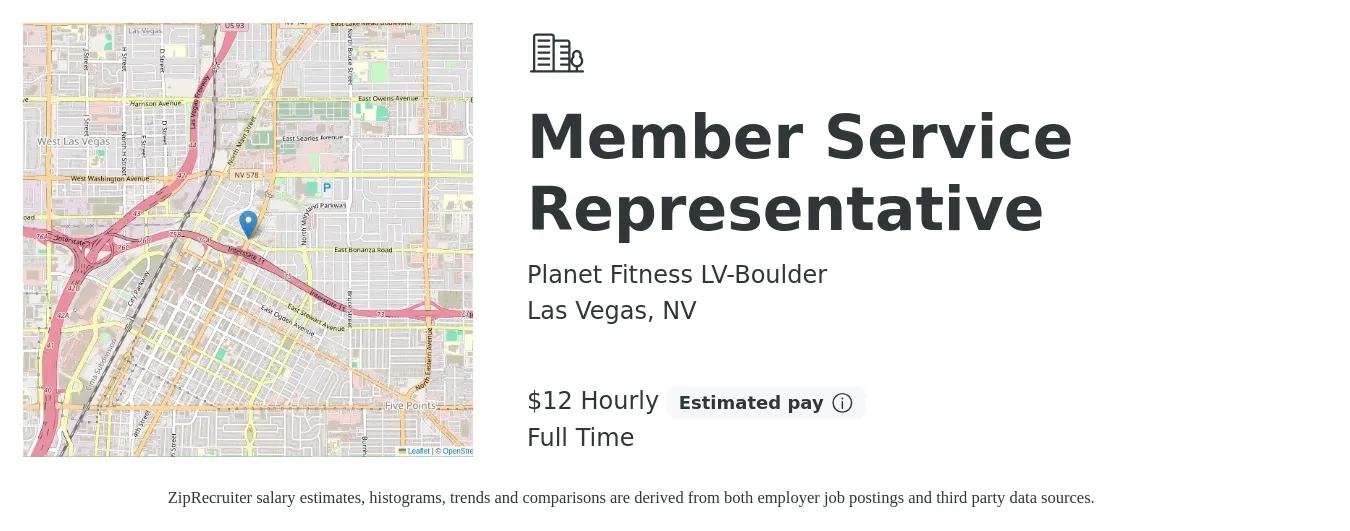 Planet Fitness LV-Boulder job posting for a Member Service Representative in Las Vegas, NV with a salary of $13 Hourly with a map of Las Vegas location.