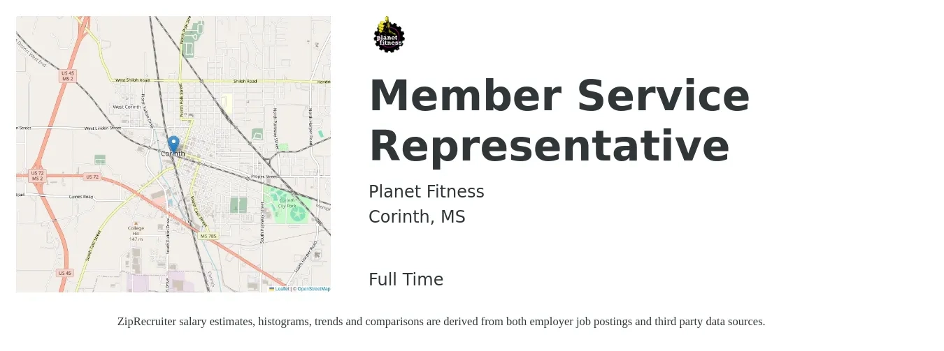 Planet Fitness - Midwest Management Group job posting for a Member Service Representative in Corinth, MS with a salary of $10 to $16 Hourly with a map of Corinth location.
