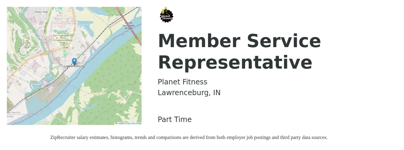 Planet Fitness - Midwest Management Group job posting for a Member Service Representative in Lawrenceburg, IN with a salary of $12 to $18 Hourly with a map of Lawrenceburg location.