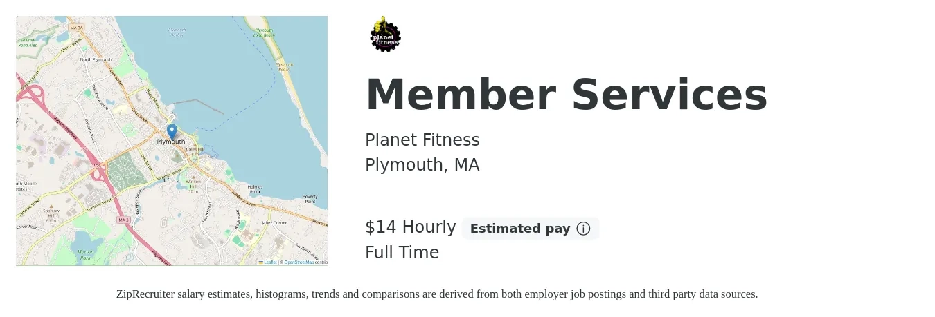 Planet Fitness job posting for a Member Services in Plymouth, MA with a salary of $14 to $18 Hourly with a map of Plymouth location.