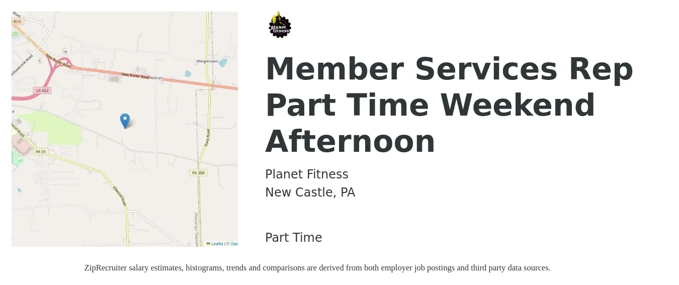 Planet Fitness - Fitton Clubs job posting for a Member Services Rep Part Time Weekend Afternoon in New Castle, PA with a salary of $11 to $17 Hourly with a map of New Castle location.