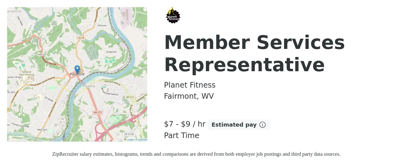 Planet Fitness job posting for a Member Services Representative in Fairmont, WV with a salary of $8 to $10 Hourly with a map of Fairmont location.