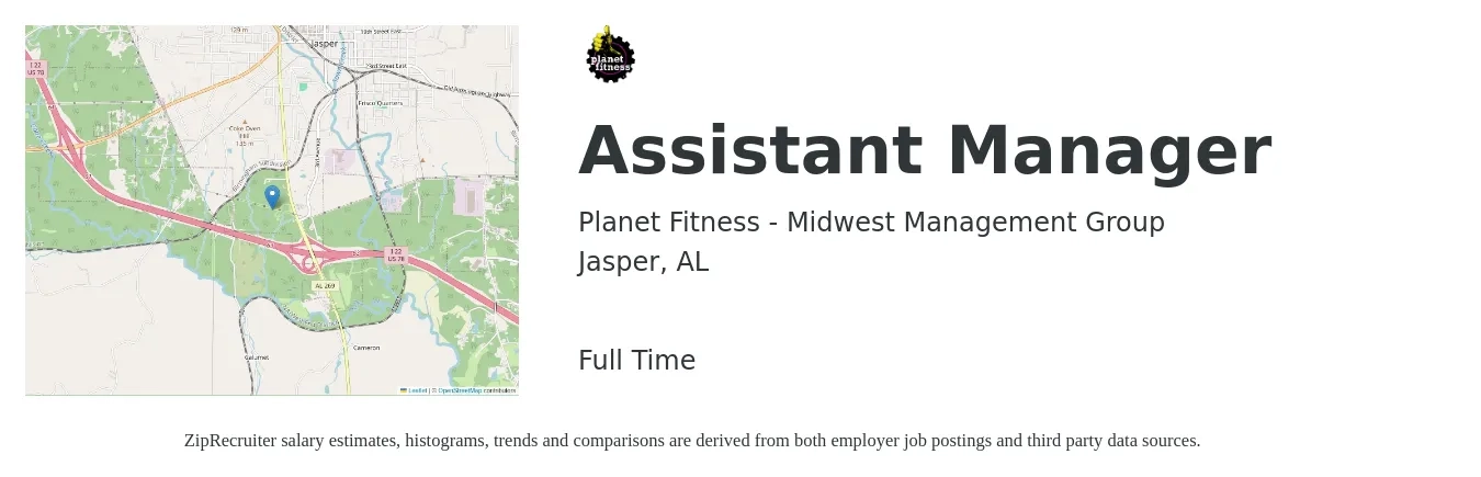 Planet Fitness - Midwest Management Group job posting for a Assistant Manager in Jasper, AL with a salary of $14 to $22 Hourly with a map of Jasper location.