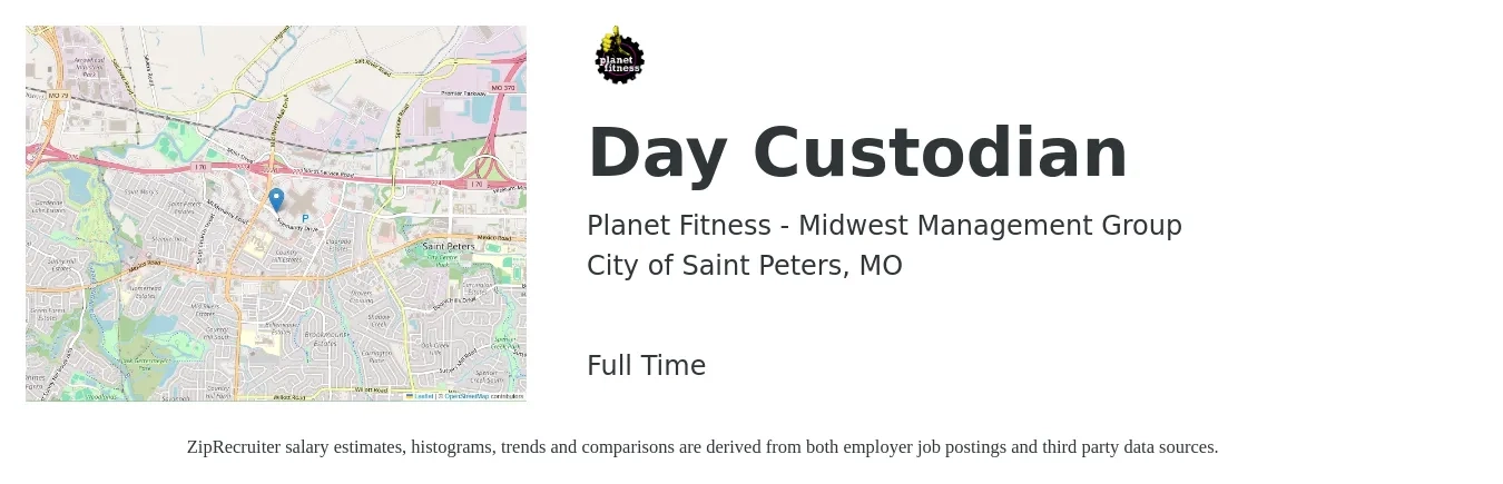 Planet Fitness - Midwest Management Group job posting for a Day Custodian in City of Saint Peters, MO with a salary of $14 to $18 Hourly with a map of City of Saint Peters location.