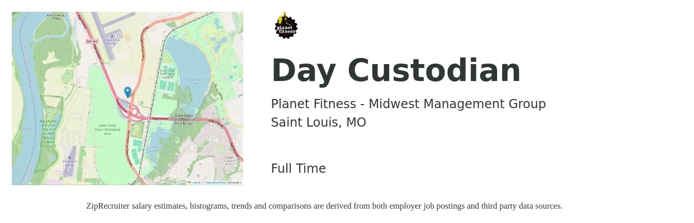 Planet Fitness - Midwest Management Group job posting for a Day Custodian in Saint Louis, MO with a salary of $13 to $16 Hourly with a map of Saint Louis location.