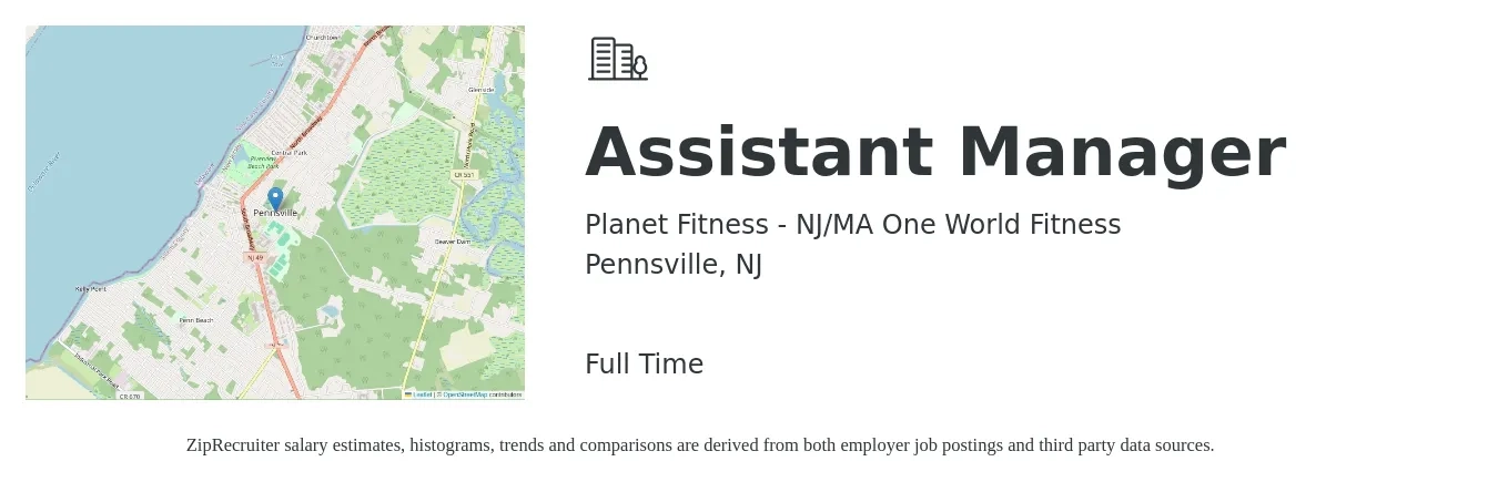 Planet Fitness - NJ/MA One World Fitness job posting for a Assistant Manager in Pennsville, NJ with a salary of $16 to $24 Hourly with a map of Pennsville location.