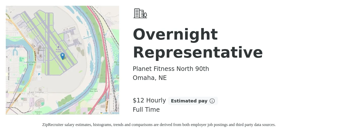 Planet Fitness North 90th job posting for a Overnight Representative in Omaha, NE with a salary of $13 Hourly with a map of Omaha location.
