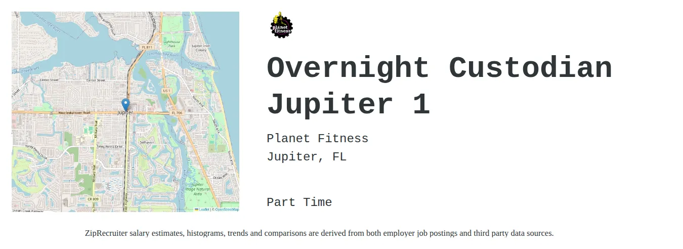 Planet Fitness job posting for a Overnight Custodian Jupiter 1 in Jupiter, FL with a salary of $15 to $19 Hourly with a map of Jupiter location.