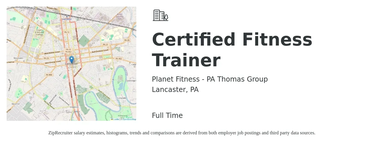 Planet Fitness - PA Thomas Group job posting for a Certified Fitness Trainer in Lancaster, PA with a salary of $18 to $30 Hourly with a map of Lancaster location.