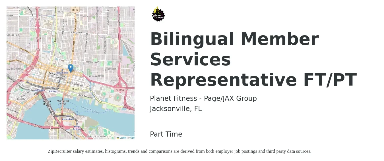 Planet Fitness - Page/JAX Group job posting for a Bilingual Member Services Representative FT/PT in Jacksonville, FL with a salary of $13 to $17 Hourly with a map of Jacksonville location.