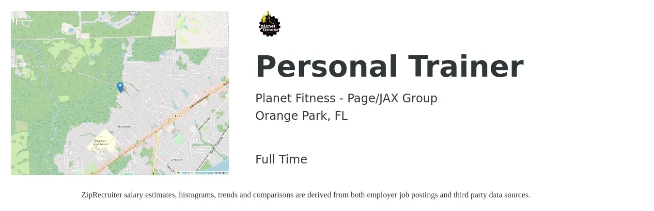 Planet Fitness - Page/JAX Group job posting for a Personal Trainer in Orange Park, FL with a salary of $17 to $27 Hourly with a map of Orange Park location.