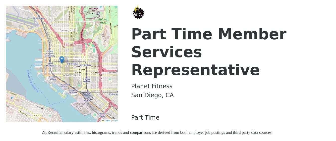 Planet Fitness job posting for a Part Time Member Services Representative in San Diego, CA with a salary of $17 Hourly with a map of San Diego location.