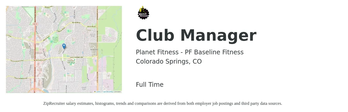 Planet Fitness job posting for a Club Manager in Colorado Springs, CO with a salary of $44,400 to $51,300 Yearly with a map of Colorado Springs location.