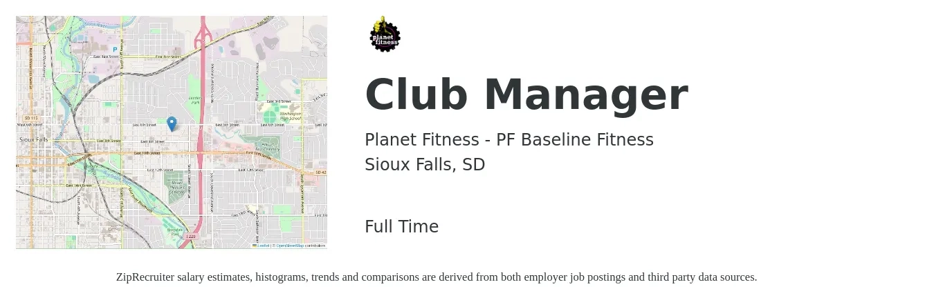 Planet Fitness - PF Baseline Fitness job posting for a Club Manager in Sioux Falls, SD with a salary of $44,700 to $51,600 Yearly with a map of Sioux Falls location.