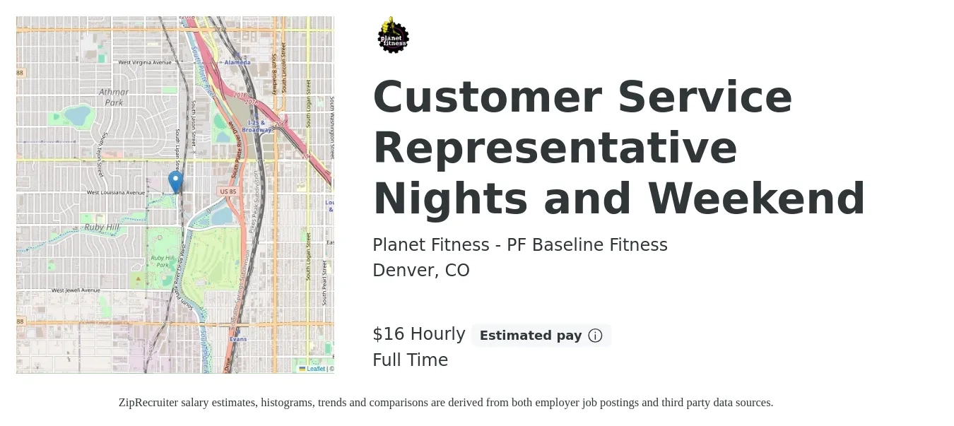 Planet Fitness - PF Baseline Fitness job posting for a Customer Service Representative Nights and Weekend in Denver, CO with a salary of $14 Hourly with a map of Denver location.
