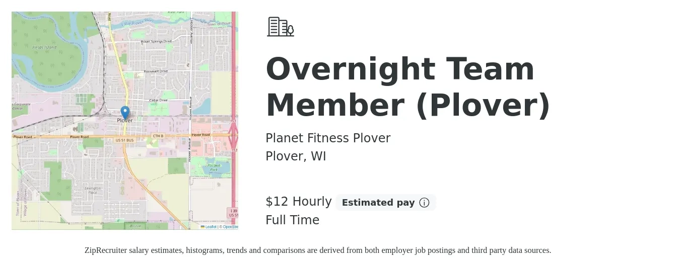 Planet Fitness Plover job posting for a Overnight Team Member (Plover) in Plover, WI with a salary of $14 Hourly with a map of Plover location.