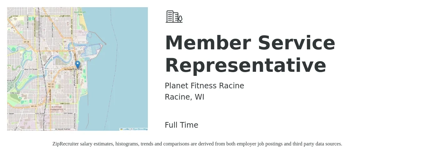 Planet Fitness Racine job posting for a Member Service Representative in Racine, WI with a salary of $12 Hourly with a map of Racine location.