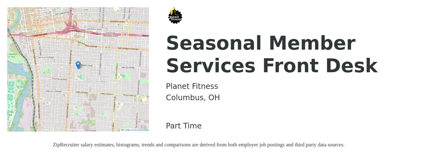 Planet Fitness job posting for a Seasonal Member Services Front Desk in Columbus, OH with a salary of $12 to $16 Hourly with a map of Columbus location.