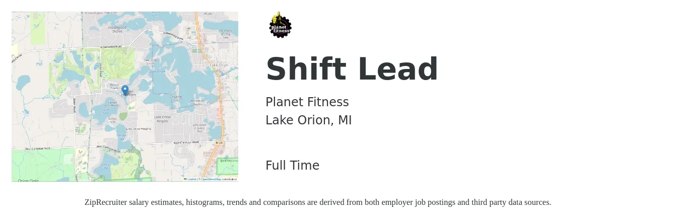 Planet Fitness job posting for a Shift Lead in Lake Orion, MI with a salary of $13 to $16 Hourly with a map of Lake Orion location.
