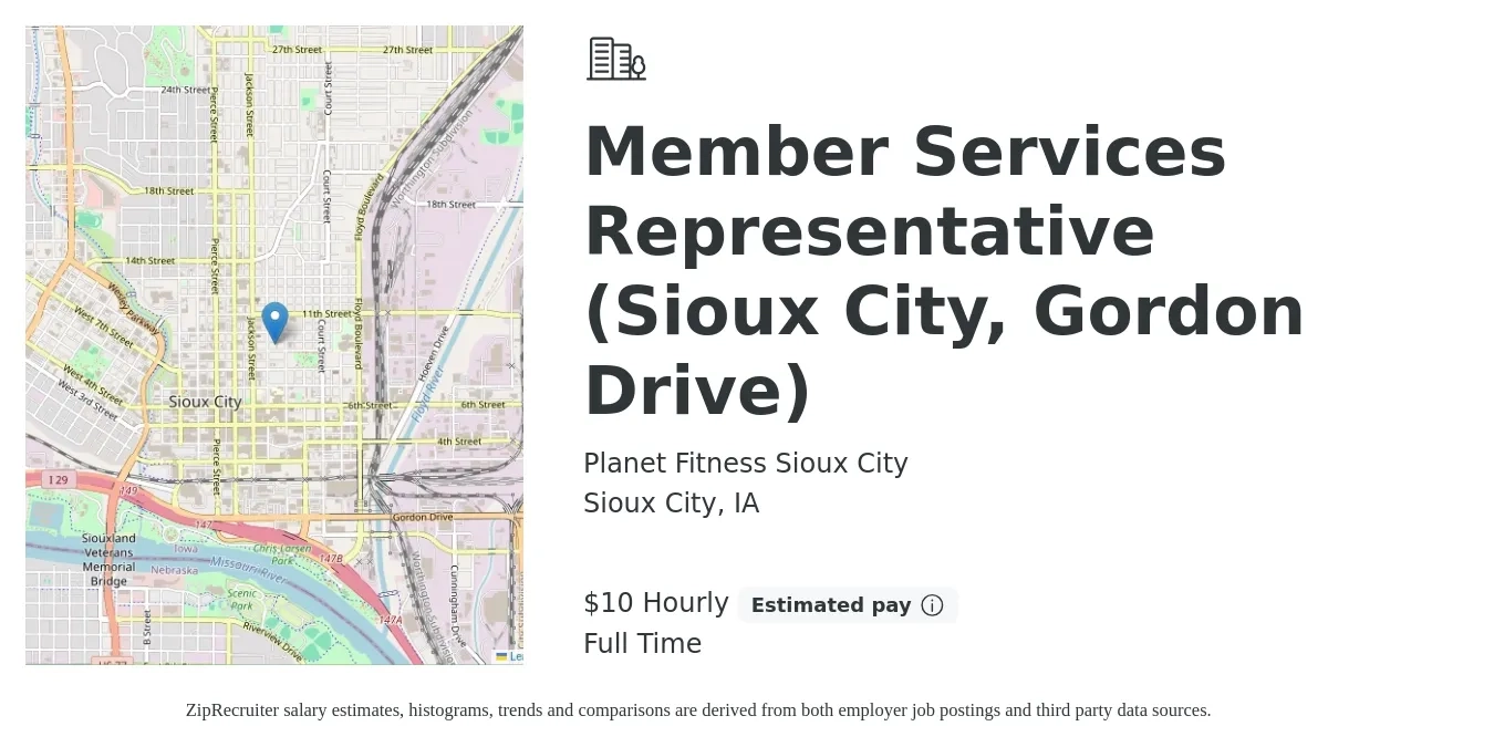 Planet Fitness Sioux City job posting for a Member Services Representative (Sioux City, Gordon Drive) in Sioux City, IA with a salary of $11 Hourly with a map of Sioux City location.