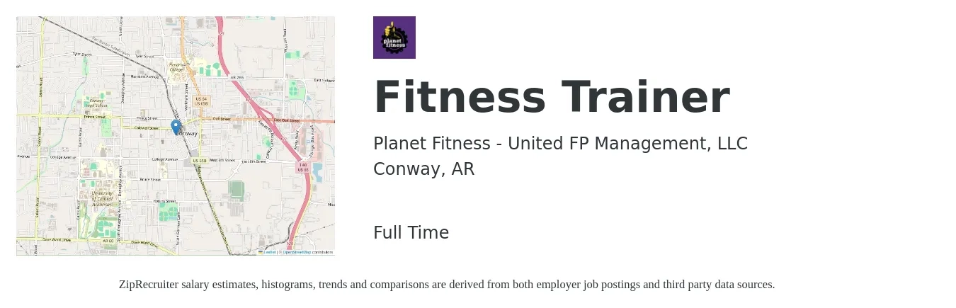 Planet Fitness - United FP Management, LLC job posting for a Fitness Trainer in Conway, AR with a salary of $12 to $14 Hourly with a map of Conway location.