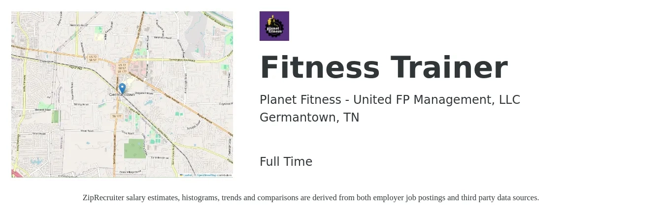 Planet Fitness - United FP Management, LLC job posting for a Fitness Trainer in Germantown, TN with a salary of $12 to $14 Hourly with a map of Germantown location.