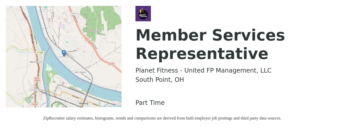 Planet Fitness - United FP Management, LLC job posting for a Member Services Representative in South Point, OH with a salary of $10 to $16 Hourly with a map of South Point location.