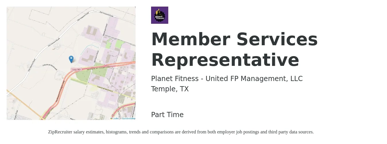 Planet Fitness - United FP Management, LLC job posting for a Member Services Representative in Temple, TX with a salary of $10 to $16 Hourly with a map of Temple location.