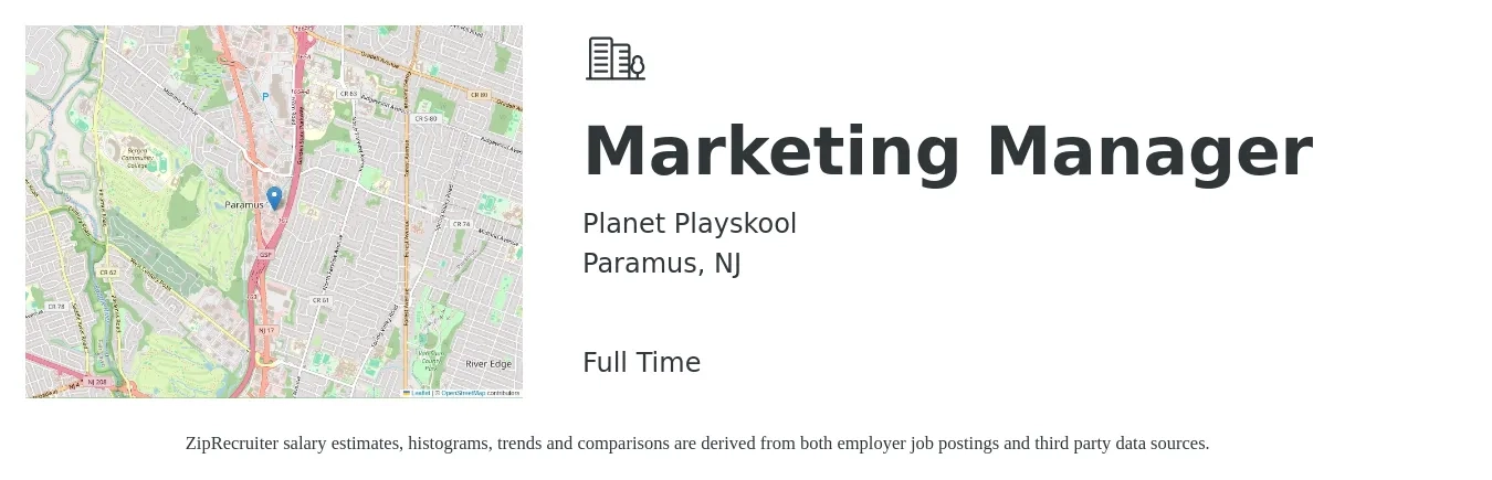 Planet Playskool job posting for a Marketing Manager in Paramus, NJ with a salary of $60,700 to $99,200 Yearly with a map of Paramus location.
