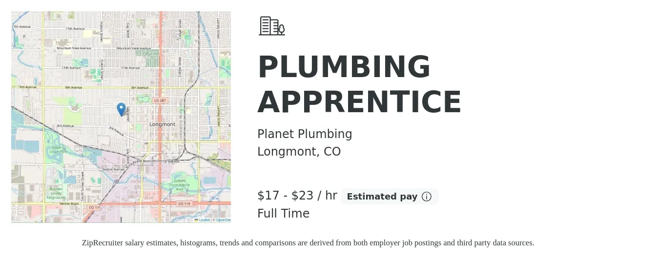 Planet Plumbing job posting for a PLUMBING APPRENTICE in Longmont, CO with a salary of $18 to $24 Hourly with a map of Longmont location.