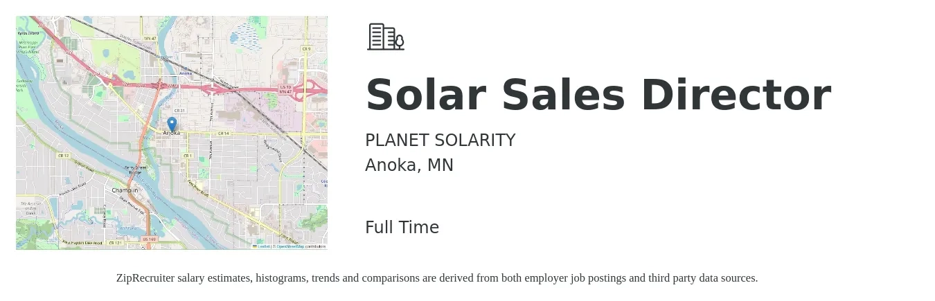 PLANET SOLARITY job posting for a Solar Sales Director in Anoka, MN with a salary of $71,900 to $127,500 Yearly with a map of Anoka location.