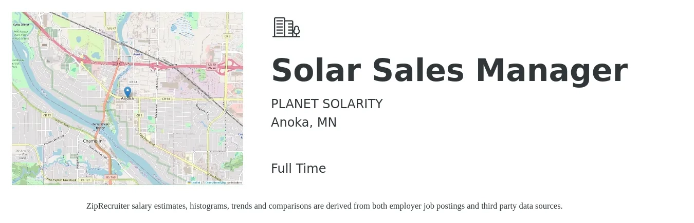 PLANET SOLARITY job posting for a Solar Sales Manager in Anoka, MN with a salary of $45,900 to $98,400 Yearly with a map of Anoka location.