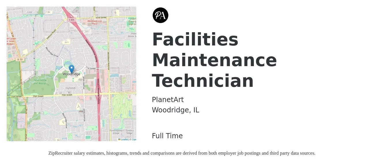 PlanetArt job posting for a Facilities Maintenance Technician in Woodridge, IL with a salary of $19 to $26 Hourly with a map of Woodridge location.