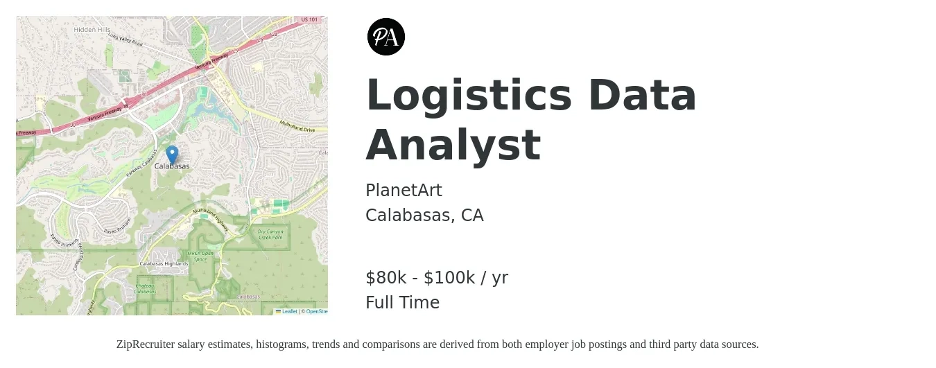 PlanetArt job posting for a Logistics Data Analyst in Calabasas, CA with a salary of $80,000 to $100,000 Yearly with a map of Calabasas location.