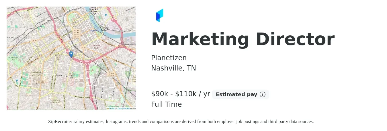 Planetizen job posting for a Marketing Director in Nashville, TN with a salary of $90,000 to $110,000 Yearly with a map of Nashville location.