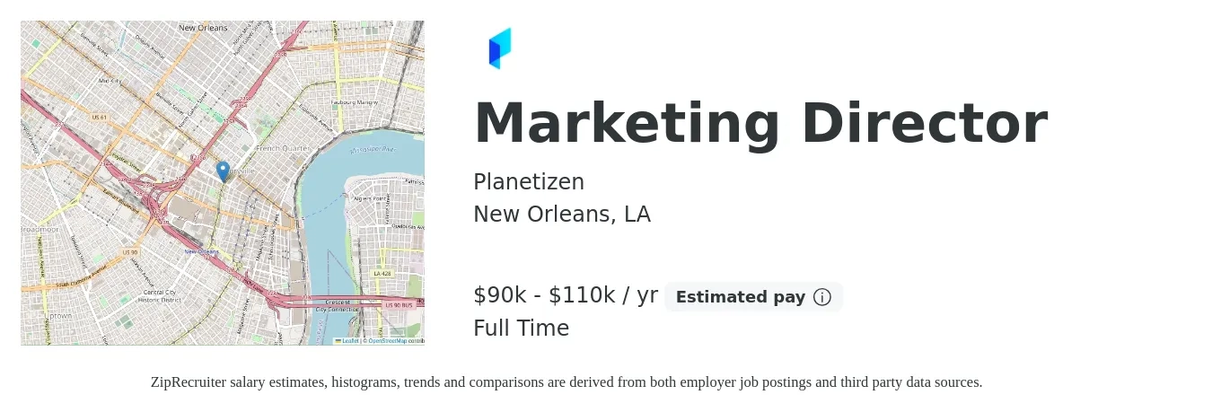 Planetizen job posting for a Marketing Director in New Orleans, LA with a salary of $90,000 to $110,000 Yearly with a map of New Orleans location.