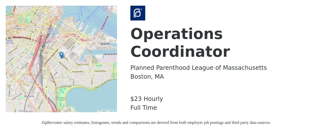 Planned Parenthood League of Massachusetts job posting for a Operations Coordinator in Boston, MA with a salary of $24 Hourly with a map of Boston location.