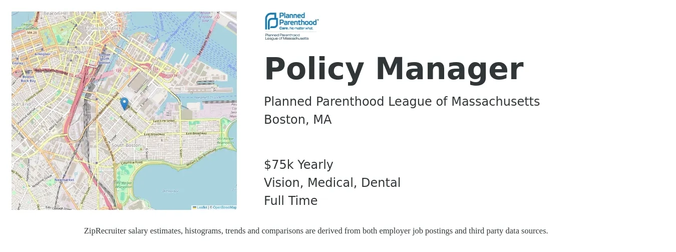 Planned Parenthood League of Massachusetts job posting for a Policy Manager in Boston, MA with a salary of $75,000 Yearly and benefits including dental, life_insurance, medical, pto, retirement, and vision with a map of Boston location.