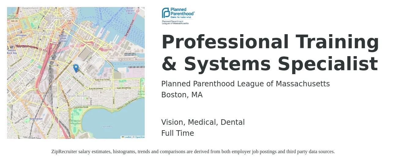 Planned Parenthood League of Massachusetts job posting for a Professional Training & Systems Specialist in Boston, MA with a salary of $61,900 to $90,200 Yearly and benefits including pto, retirement, vision, dental, life_insurance, and medical with a map of Boston location.