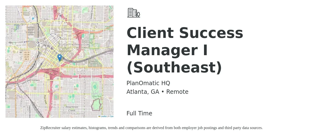 PlanOmatic HQ job posting for a Client Success Manager I (Southeast) in Atlanta, GA with a salary of $57,200 to $95,200 Yearly with a map of Atlanta location.