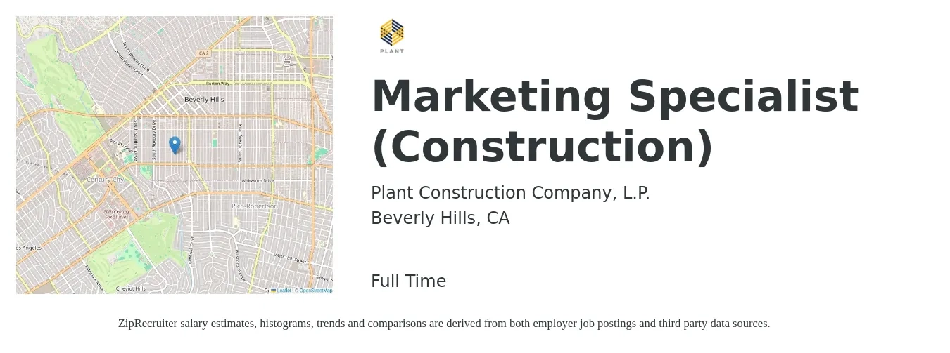 Plant Construction Company, L.P. job posting for a Marketing Specialist (Construction) in Beverly Hills, CA with a salary of $105,000 to $140,000 Yearly and benefits including dental, life_insurance, medical, pto, retirement, and vision with a map of Beverly Hills location.