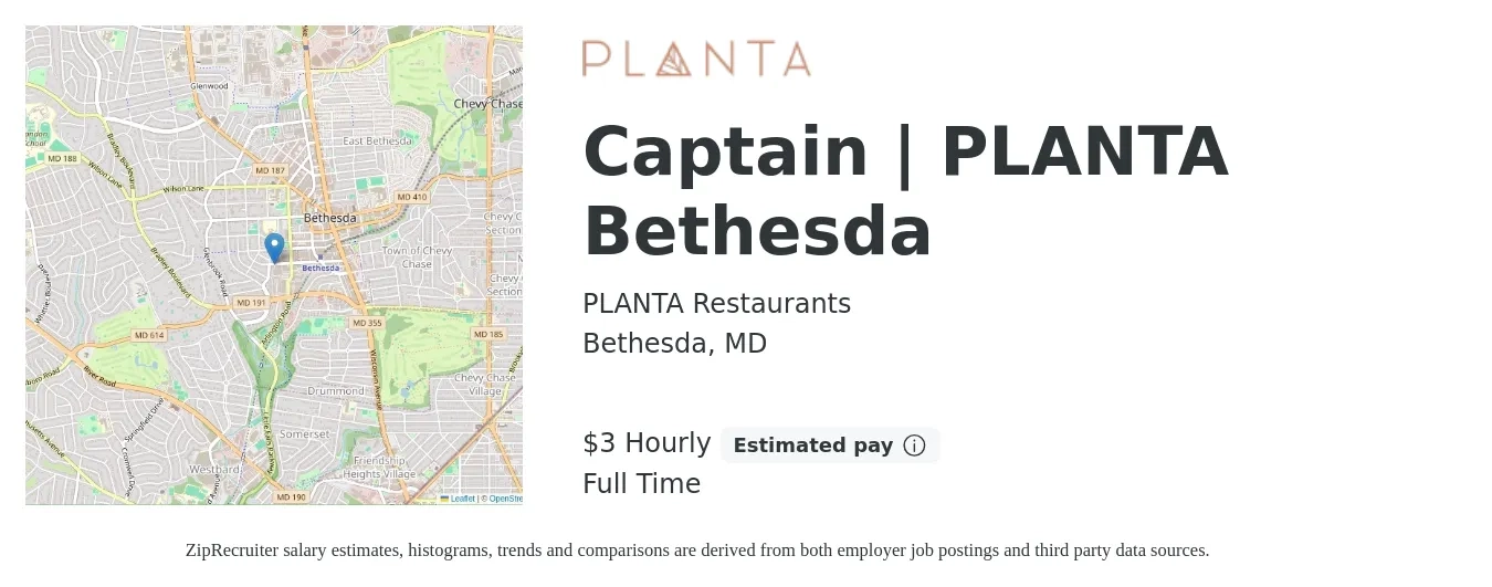 PLANTA Restaurants job posting for a Captain | PLANTA Bethesda in Bethesda, MD with a salary of $4 Hourly with a map of Bethesda location.