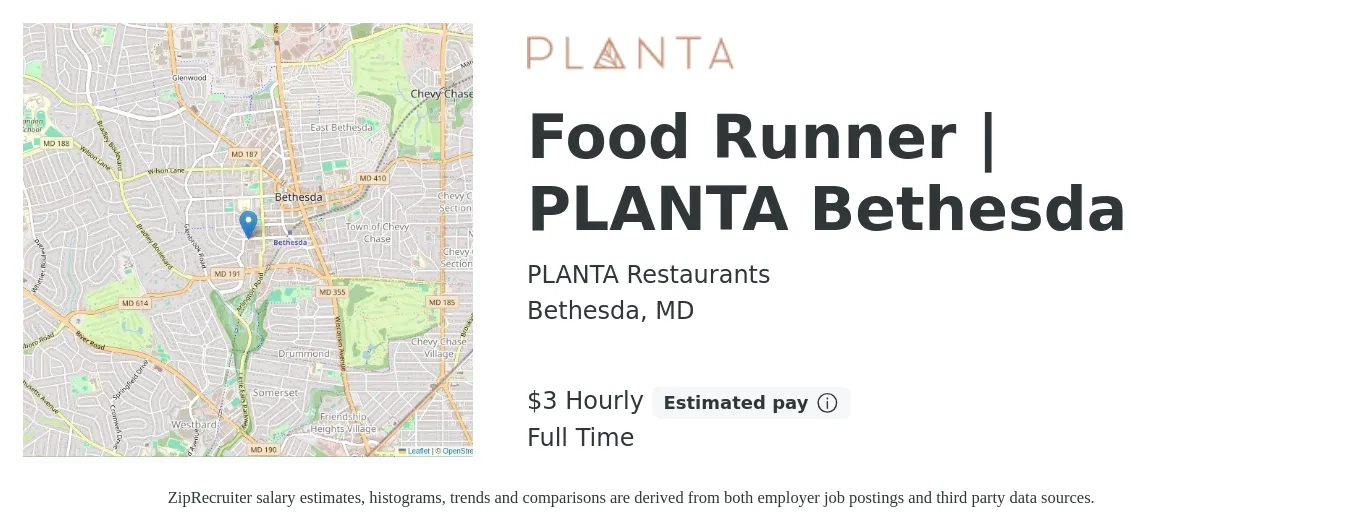 PLANTA Restaurants job posting for a Food Runner | PLANTA Bethesda in Bethesda, MD with a salary of $12 to $18 Hourly with a map of Bethesda location.