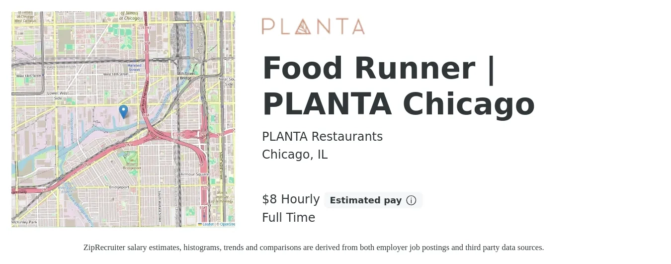 PLANTA Restaurants job posting for a Food Runner | PLANTA Chicago in Chicago, IL with a salary of $9 Hourly with a map of Chicago location.