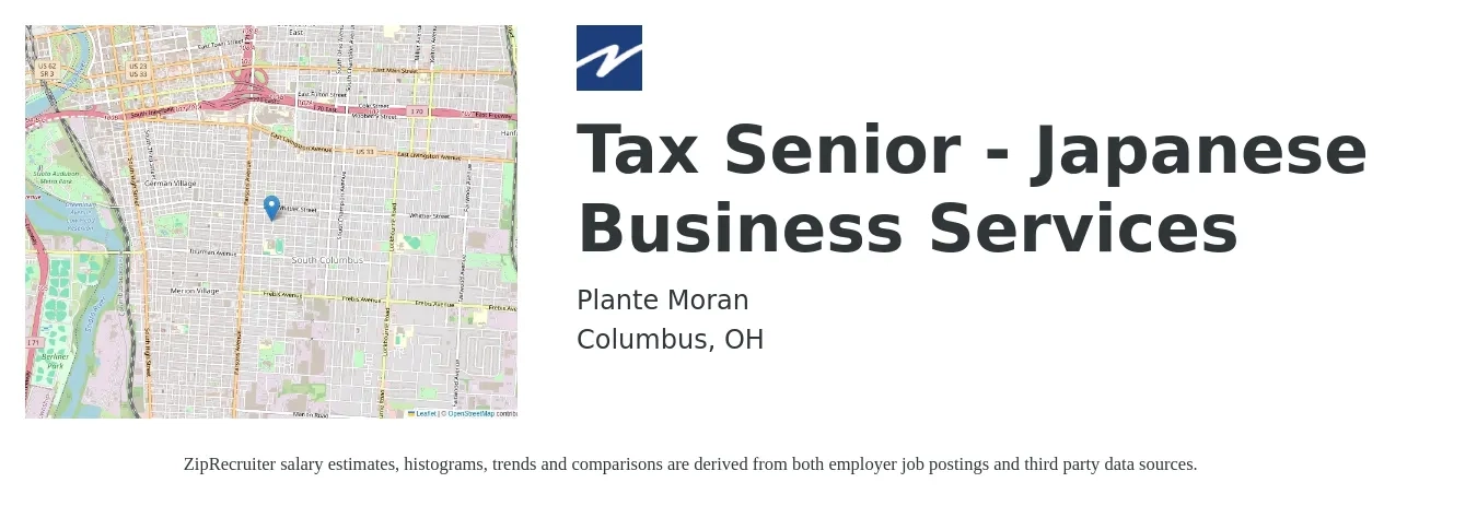 Plante Moran job posting for a Tax Senior - Japanese Business Services in Columbus, OH with a salary of $6,792 to $9,208 Monthly with a map of Columbus location.