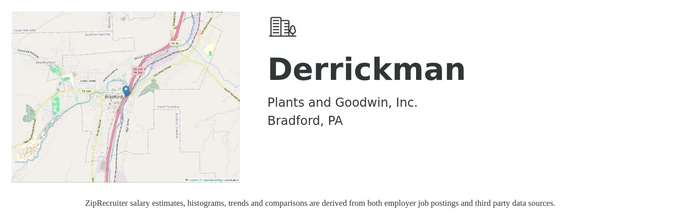 Plants and Goodwin, Inc. job posting for a Derrickman in Bradford, PA with a salary of $14 to $32 Hourly with a map of Bradford location.