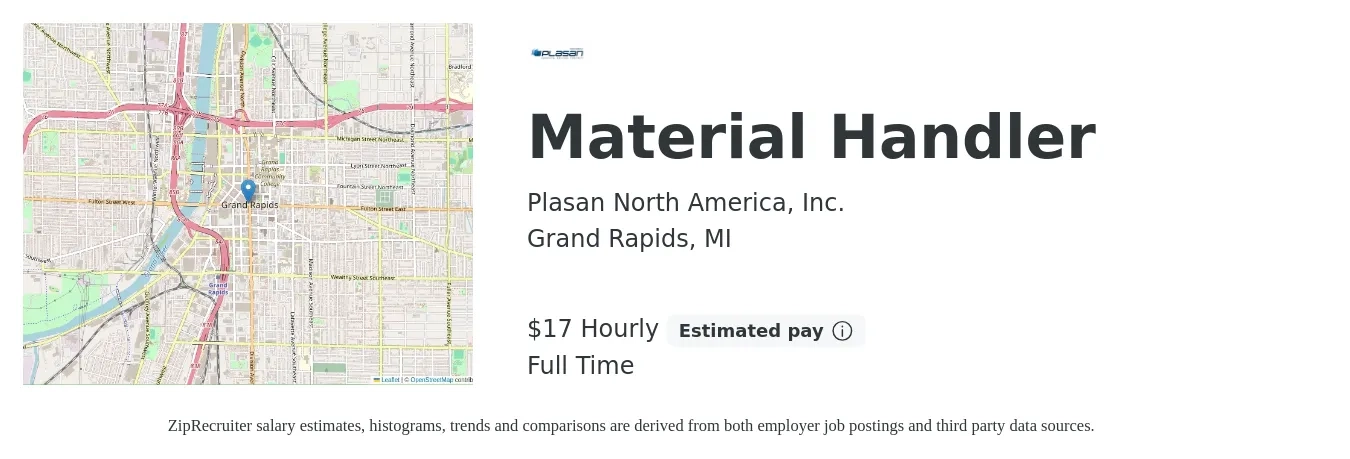 Plasan North America, Inc. job posting for a Material Handler in Grand Rapids, MI with a salary of $18 to $18 Hourly with a map of Grand Rapids location.