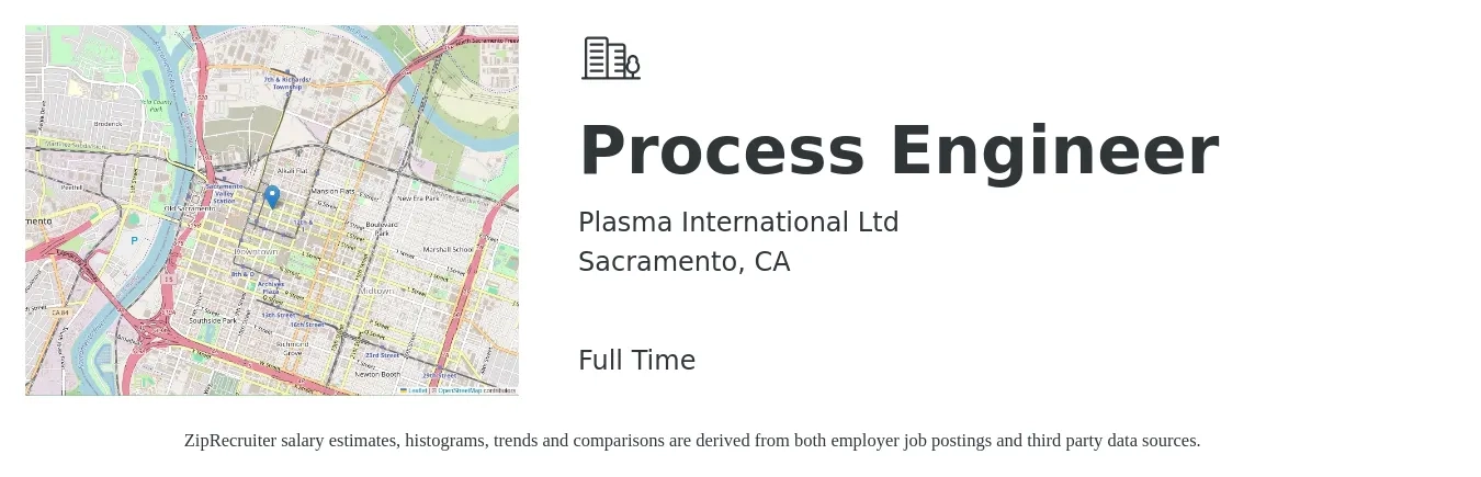 Plasma International Ltd job posting for a Process Engineer in Sacramento, CA with a salary of $79,400 to $109,800 Yearly with a map of Sacramento location.